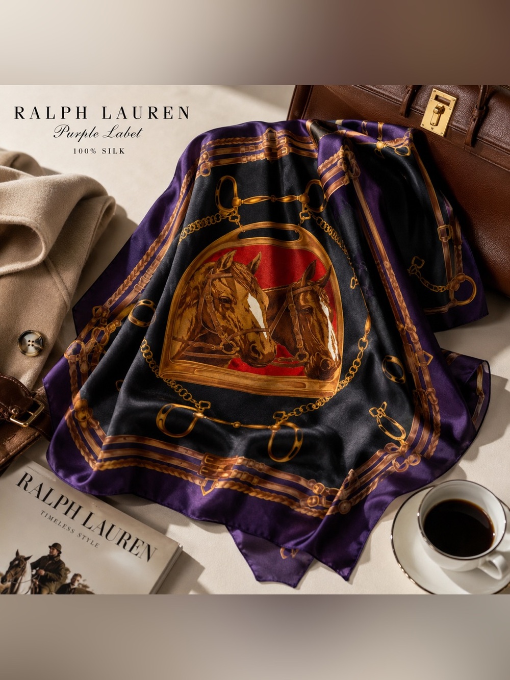Ralph Lauren Purple Label 100% Silk Equestrian Scarf Horse Print Italy